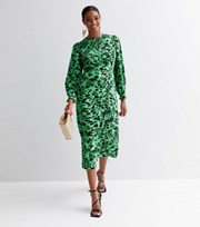 New Look Green Leopard Print Keyhole Long Puff Sleeve Midi Dress